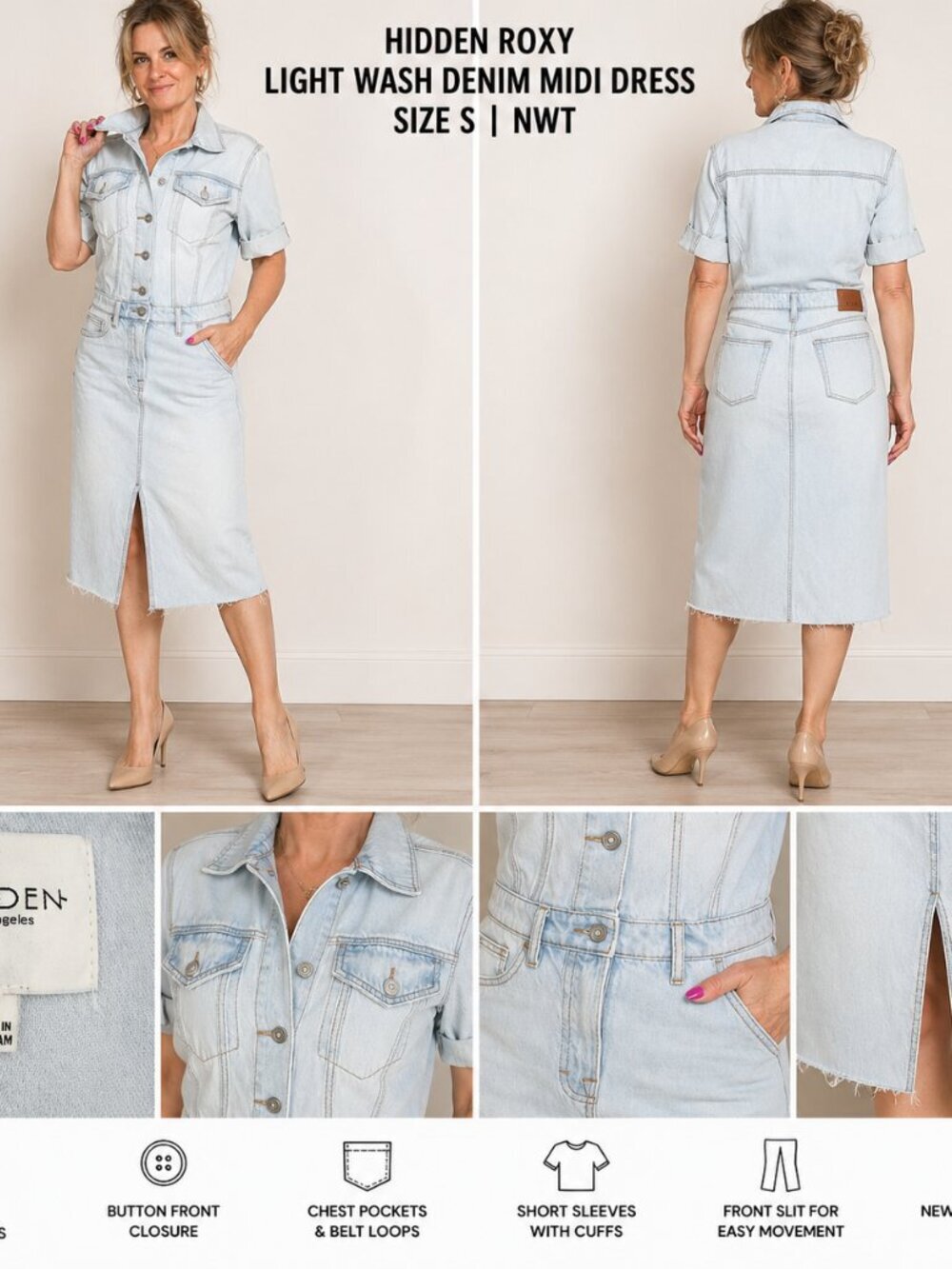 HIDDEN ROXY LIGHT WASH DENIM MIDI DRESS S NWT